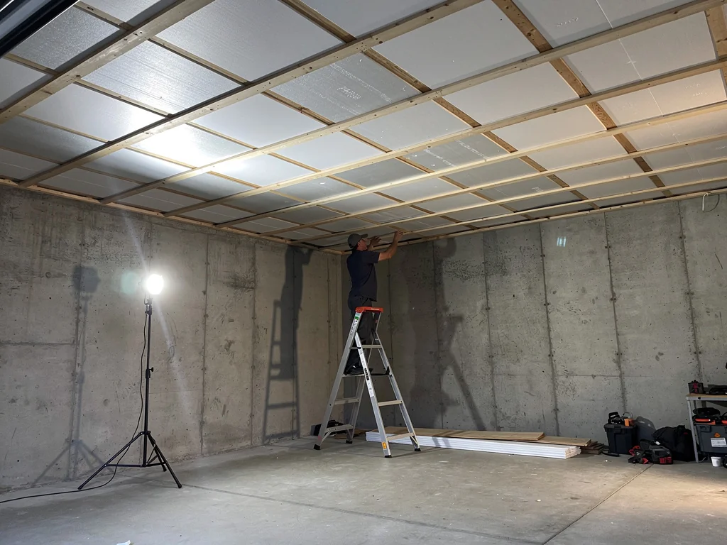 Plafond de garage isolé par panneaux rigides fixés sous le plancher
